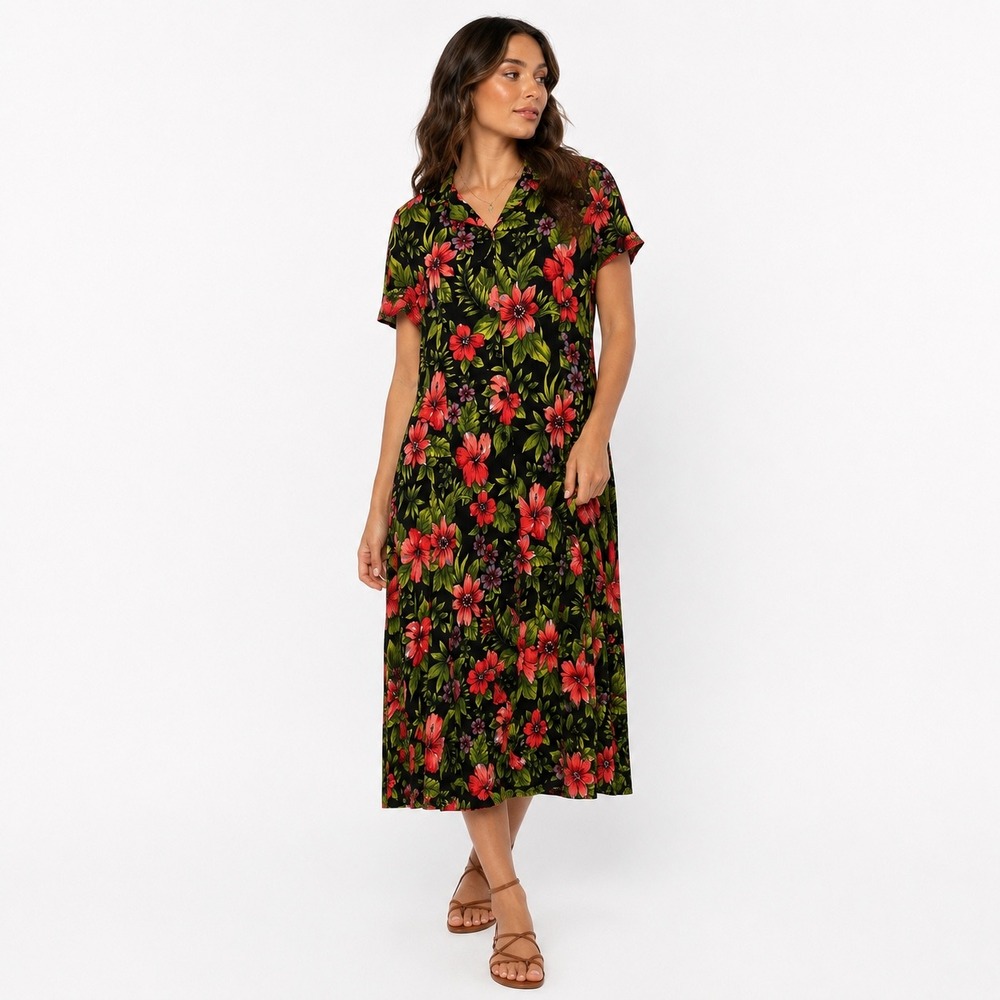 Erika Dress Petite‎ Vintage Floral Button Down Maxi Rib Dress Black Tropical PS